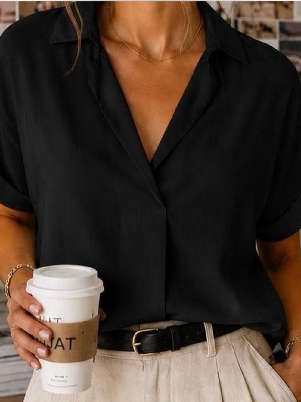 All in Favor Black Button-Down V-Neck Short Sleeve Top